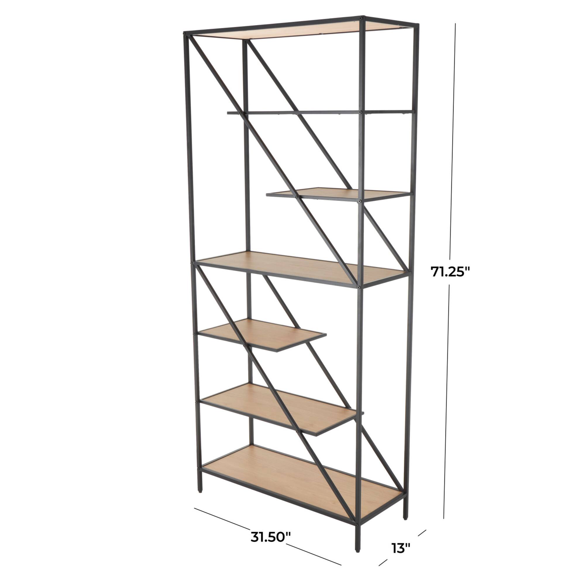 71" x 32" Brown Wooden Diagonal Angled 6 Shelf Storage Shelving Unit with Black Metal Frame